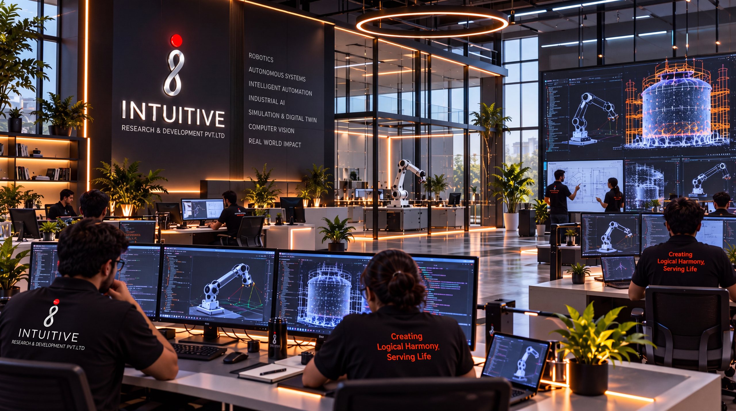 Intuitive's research lab: engineers at workstations simulating robot arms, with a cobot on the floor behind